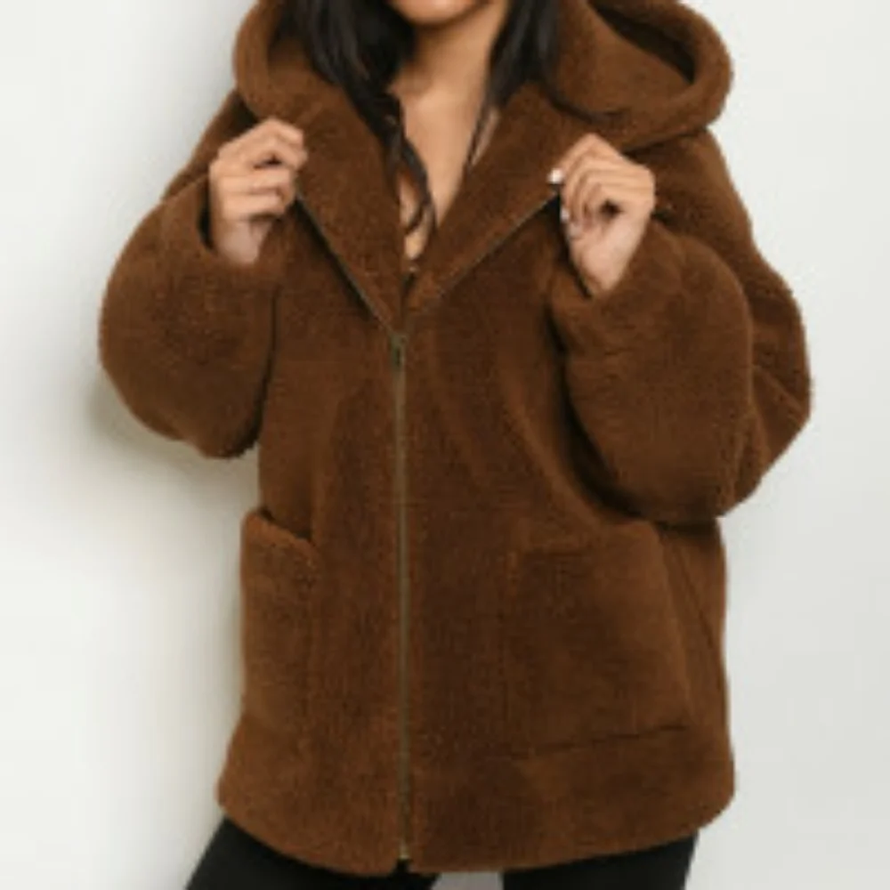 Teddy bear Sherpa hooded jacket coat in brown - Picture 5 of 8